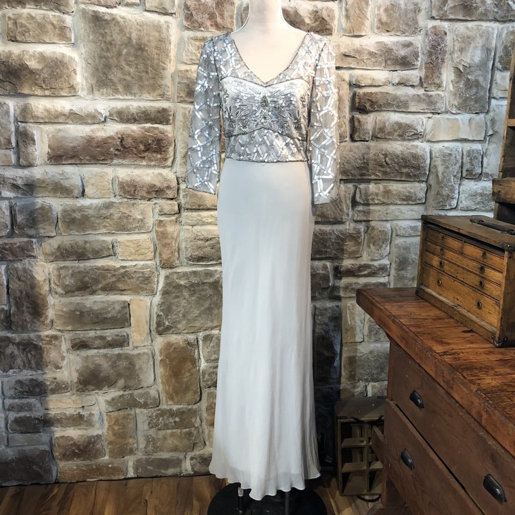 Sue Wong Silver Beaded Gown, Size 8