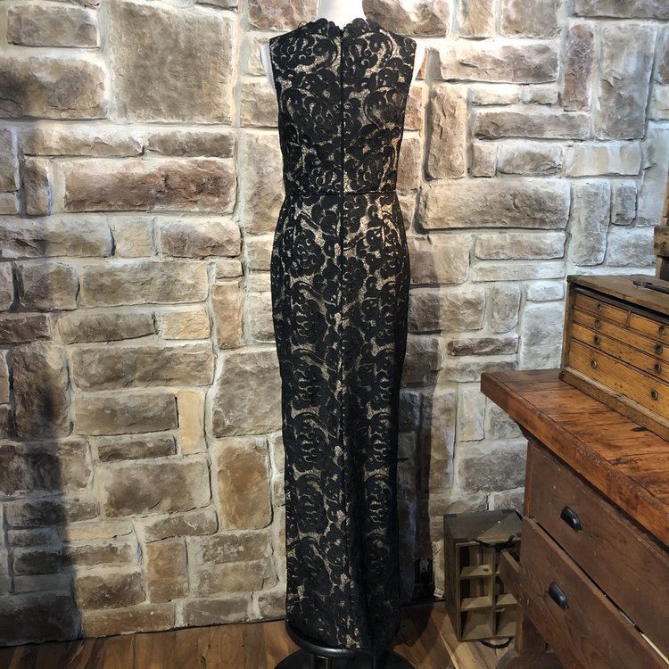 Aidan Mattox Black Lace Gown with Nude Underlay, Size 8