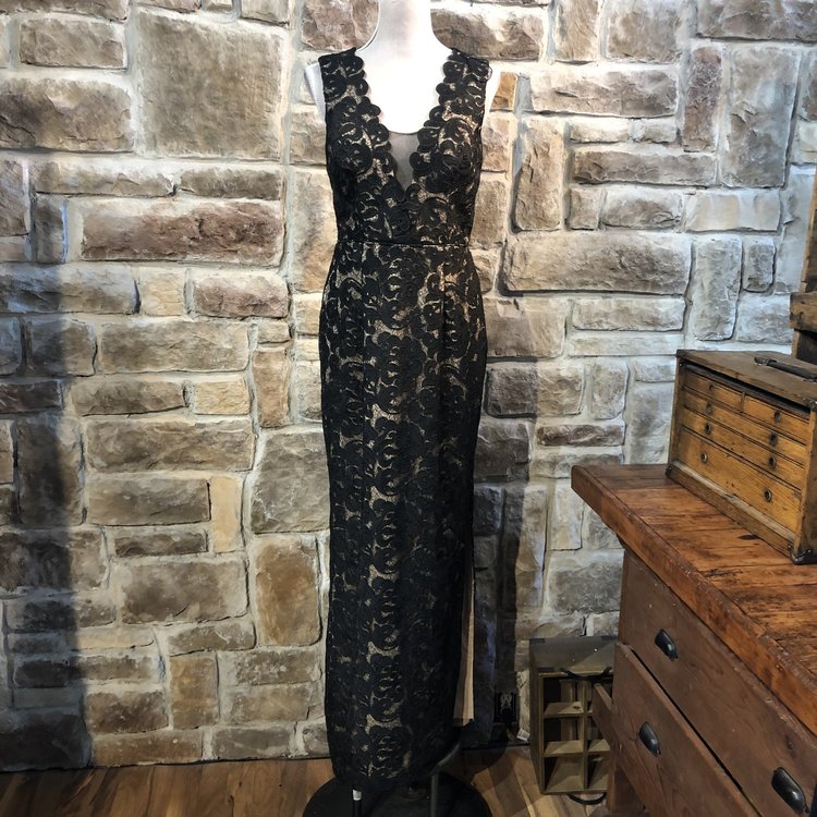 Aidan Mattox Black Lace Gown with Nude Underlay, Size 8