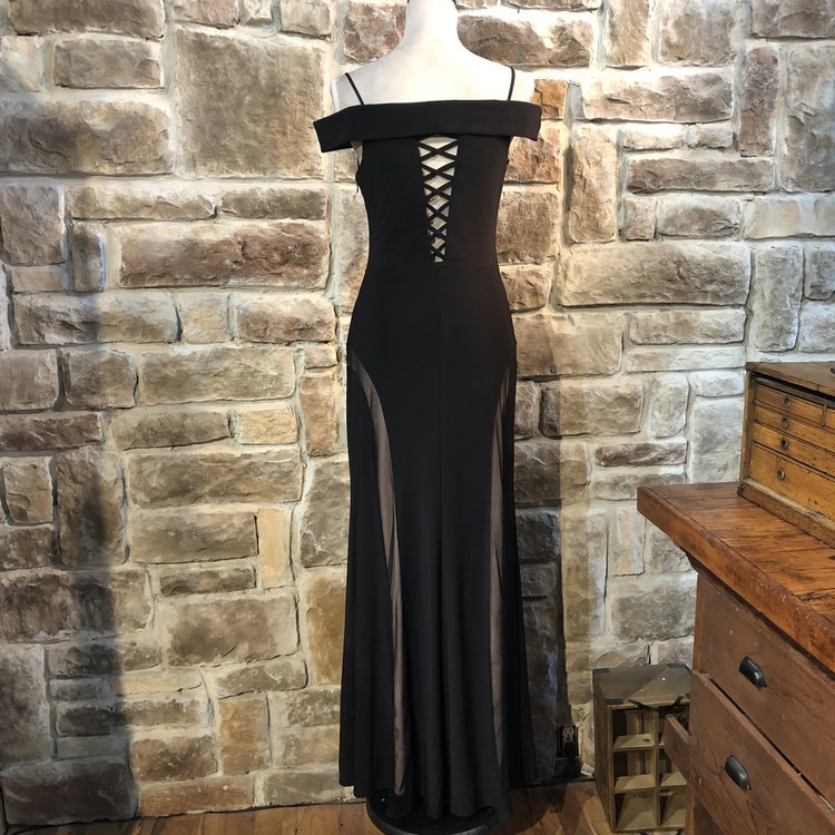 Nightway Black Illusion Lace Up Evening Gown, Size 8