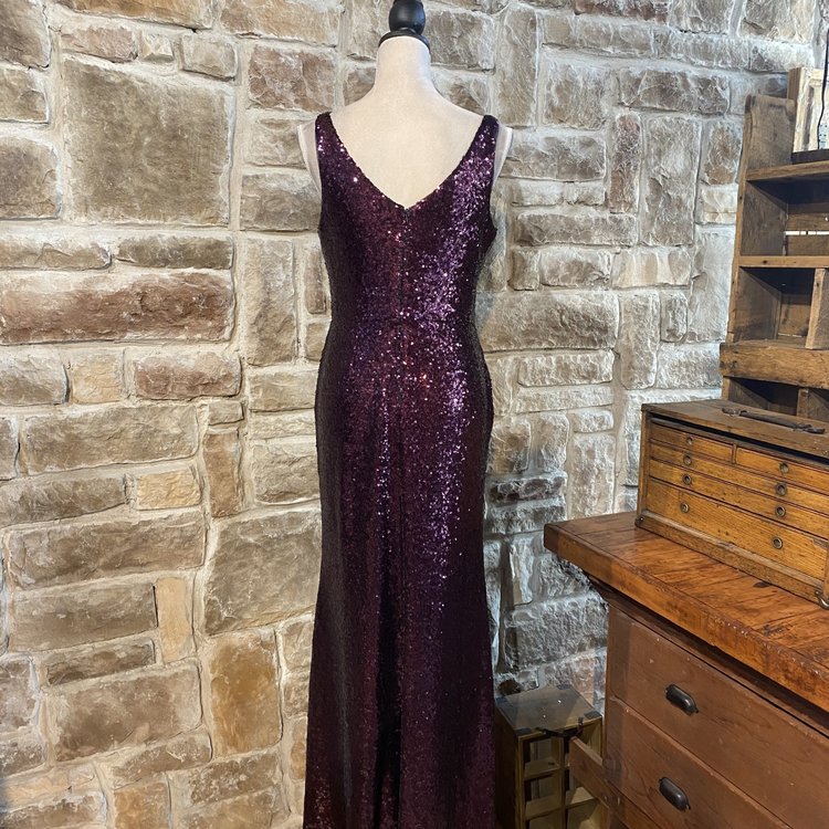 Nightway Purple V Neck Sequined Gown, Size 12