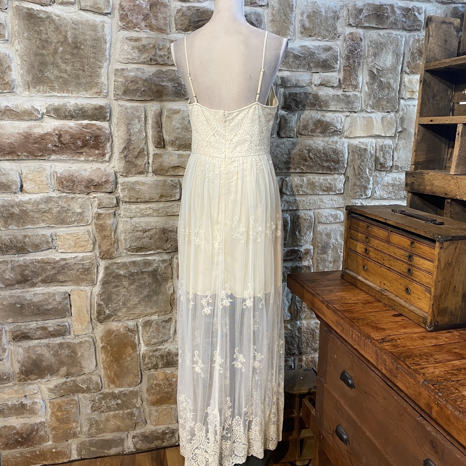 Ivory Lace Illusion Maxi Dress, Size L - Elements Unleashed Ivory Lace Illusion Maxi Dress, Size L - Elements Unleashed