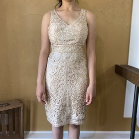 Sue Wong Beige Embroidered Cocktail Dress, Size 2
