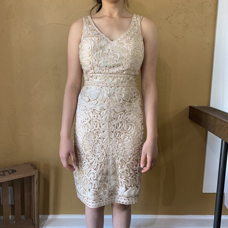 Sue Wong Beige Embroidered Cocktail Dress, Size 2