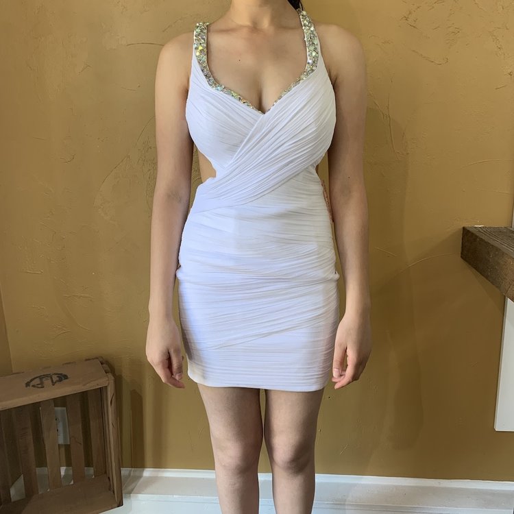 Jovani White Pleated Embellished Dress, Size 4