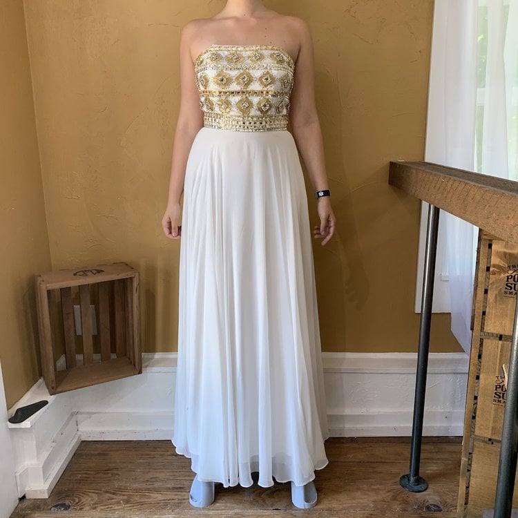 Joanna Chen Strapless Gold Bead Chiffon Gown, Size 6