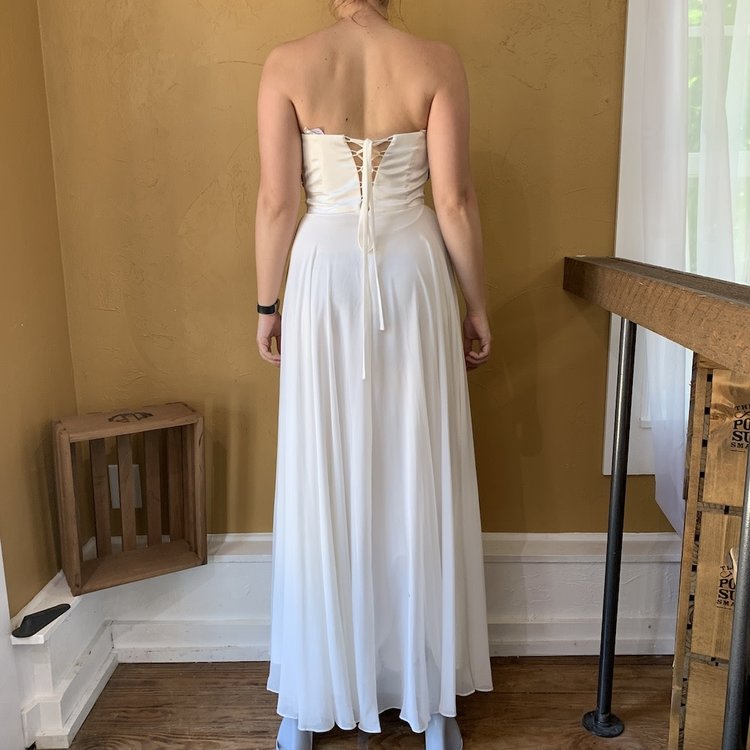 Joanna Chen Strapless Gold Bead Chiffon Gown, Size 6