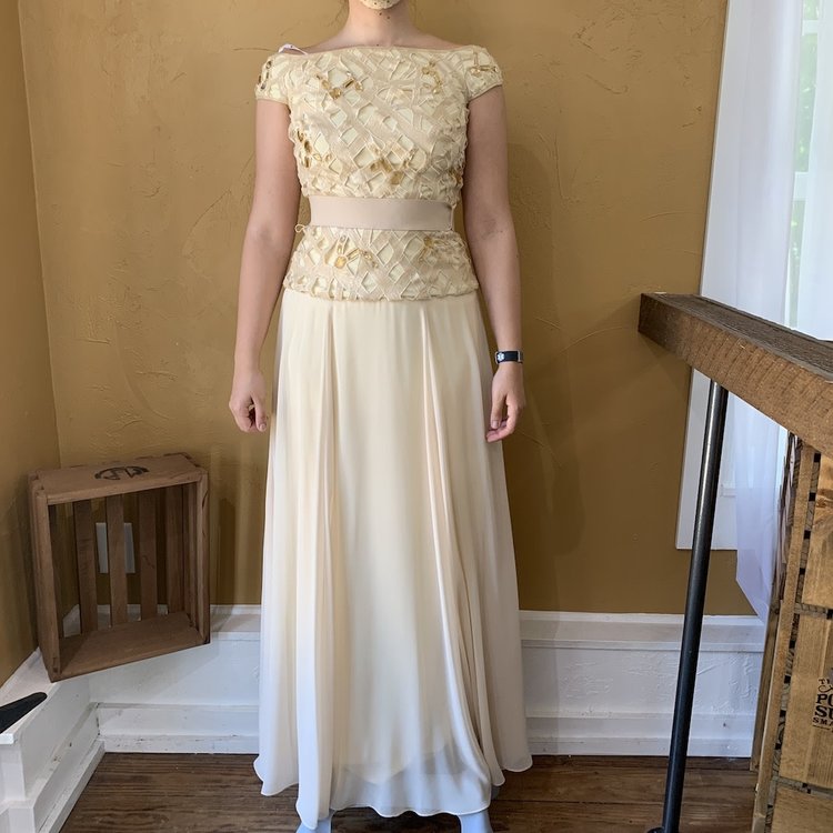 Tadashi Shoji Beige Beaded Gown, Size 0