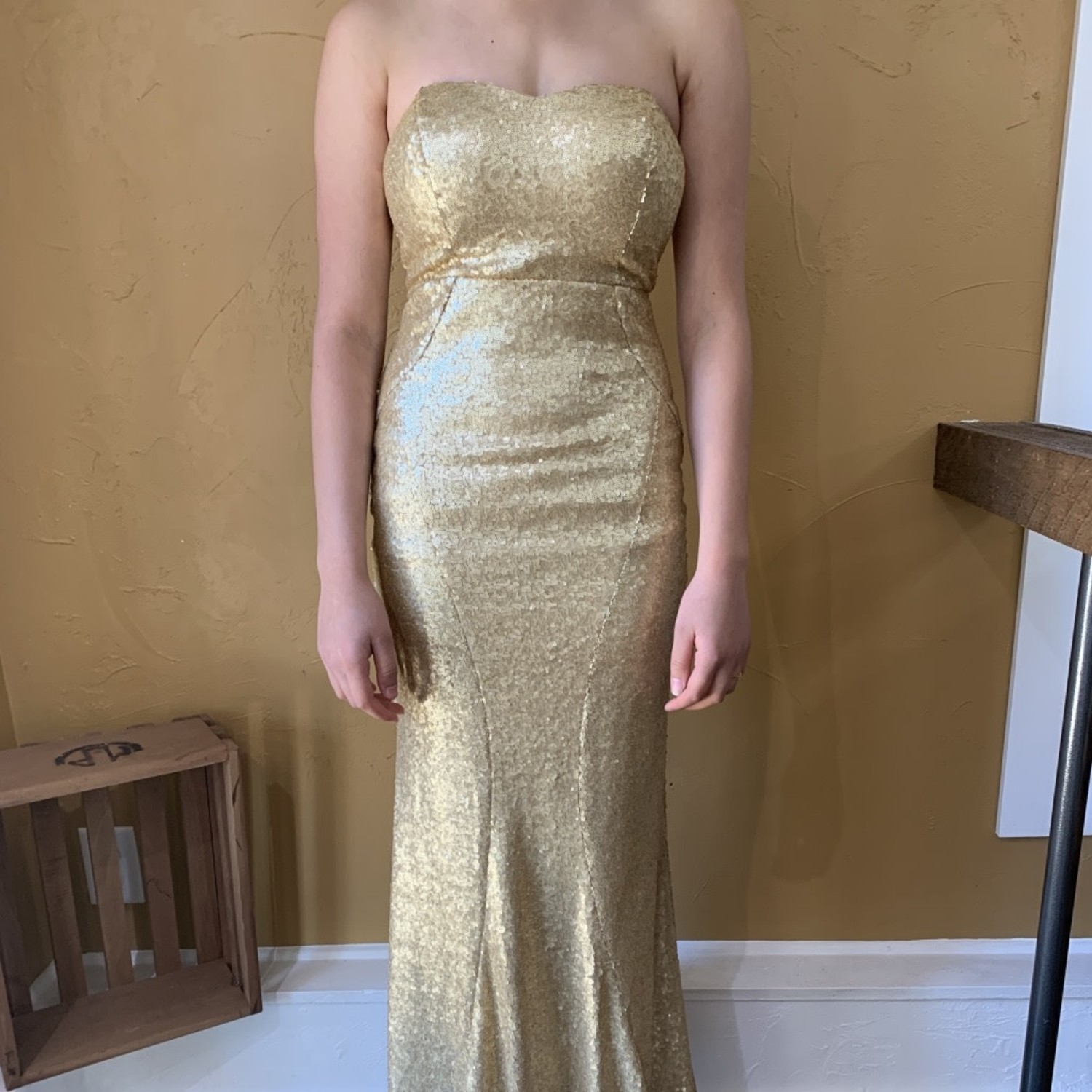 Gold Sequined Strapless Gown, Size XS - Elements Unleashed