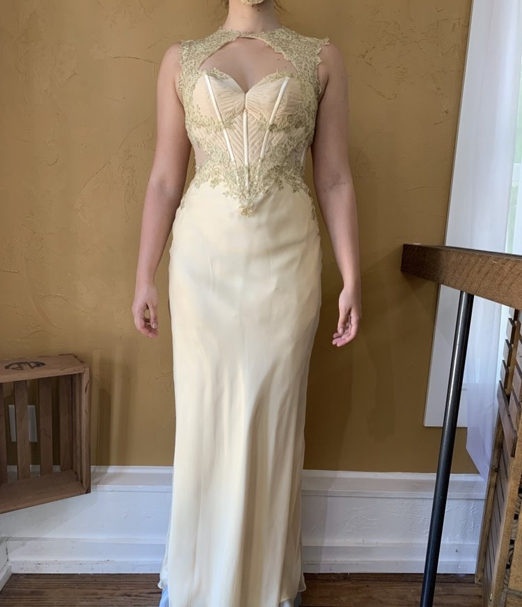 Faviana Gold Corset Embellished Gown, Size 2