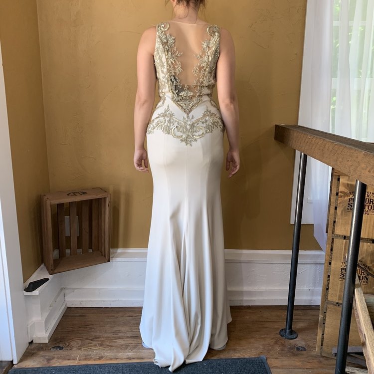 Terani Couture Beige Art Deco Beaded Gown, Size 6