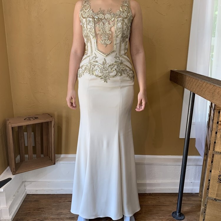 Terani Couture Beige Art Deco Beaded Gown, Size 6