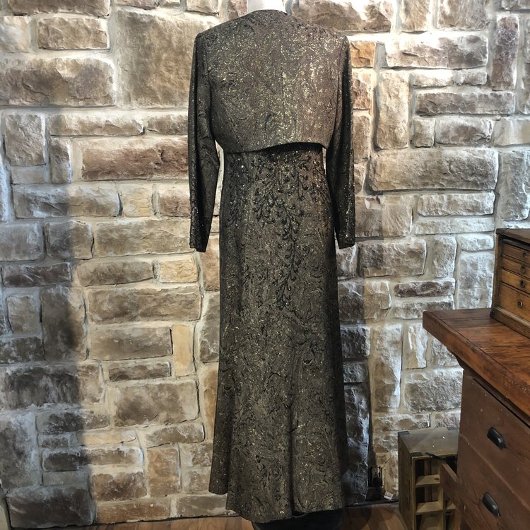 Carmen Marc Valvo Black and Brown Embellished Gown with Jacket, Size 14