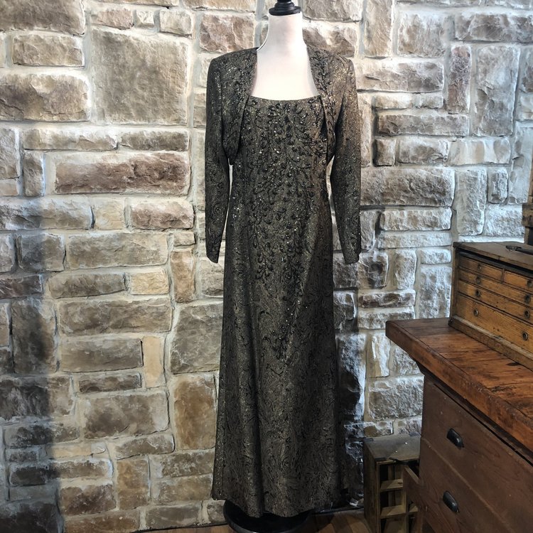 Carmen Marc Valvo Black and Brown Embellished Gown with Jacket, Size 14