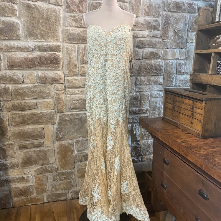 Terani Couture Green Lace Strapless Formal Gown, Size 18