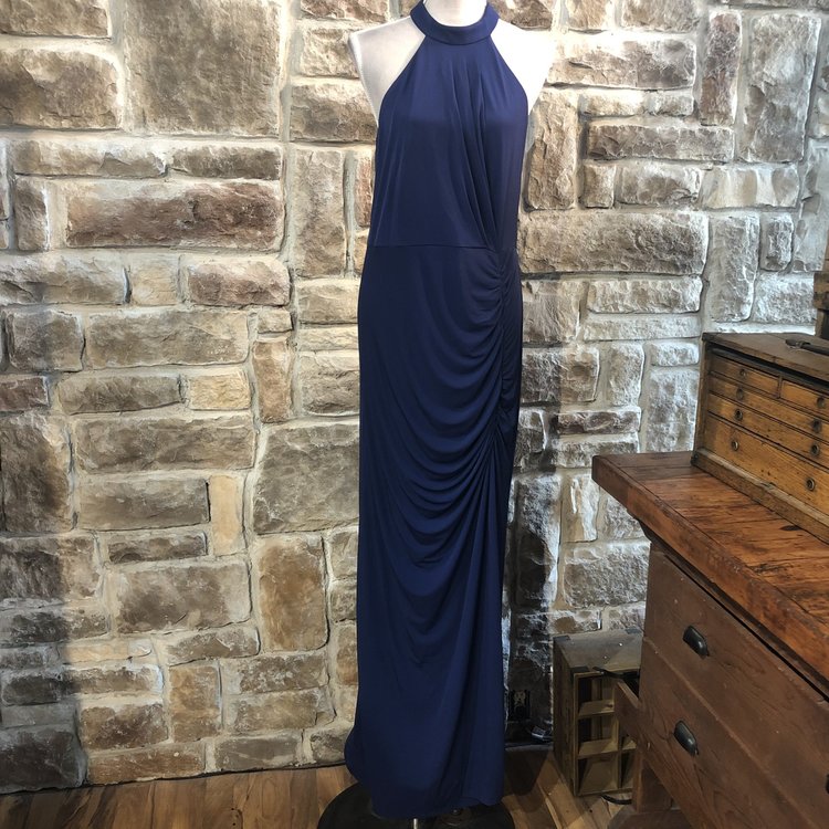Laundry Navy Ruched Halter Formal Gown, Size 14