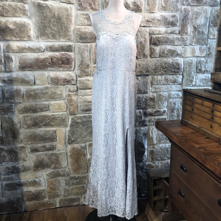 City Studio Silver Lace Evening Gown, Size 14