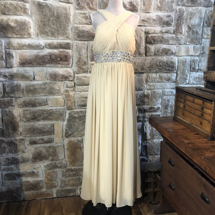 Izidress Beige Embellished Halter Chiffon Dress, Size L