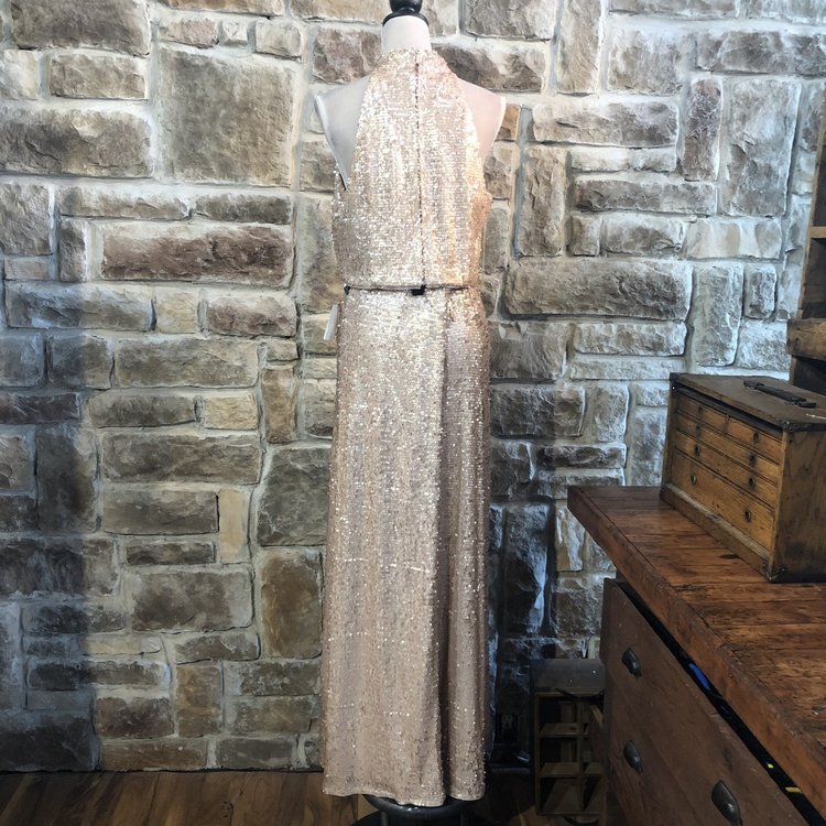 Adrianna Papell Rose Gold Two Piece Crop Top Gown, Size 14