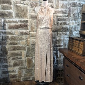 Adrianna Papell Rose Gold Two Piece Crop Top Gown, Size 14