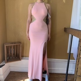 Terani Couture Pink and Gold Embellish Backless Gown, Size 0