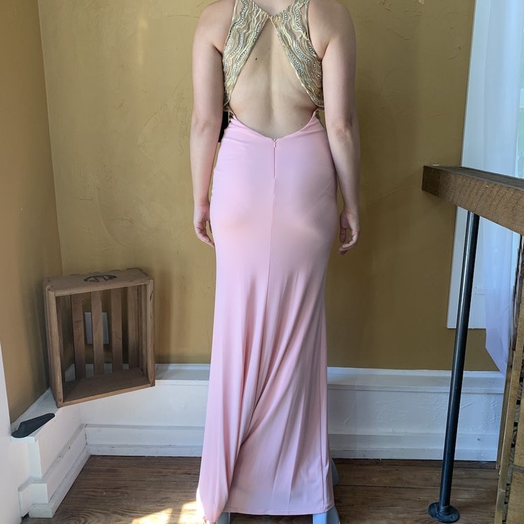 Terani Couture Pink and Gold Embellish Backless Gown, Size 0