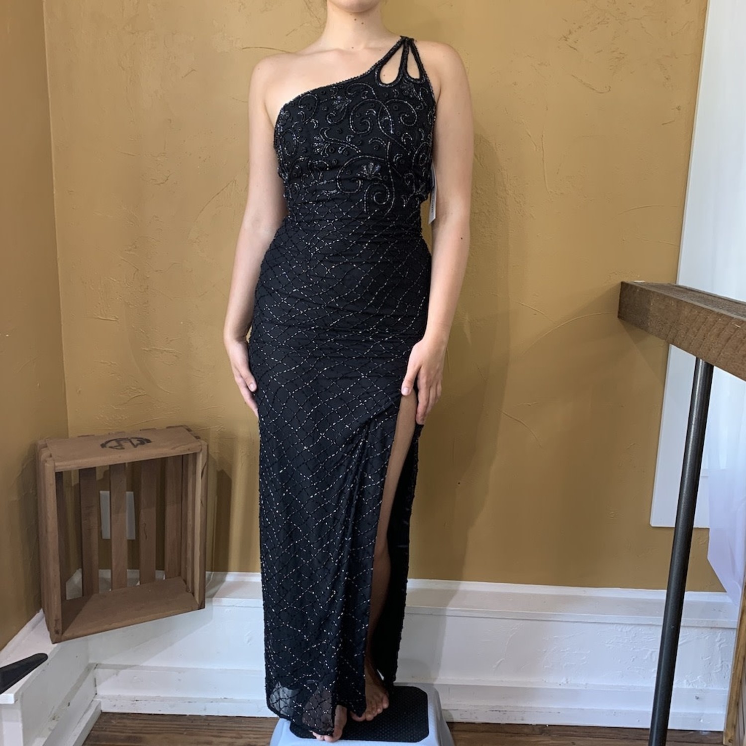 Sue Wong Black Beaded Gown with Over 