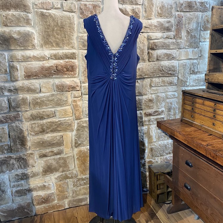 Joanna Chen Blue Ruched and Beaded Gown, Size 22