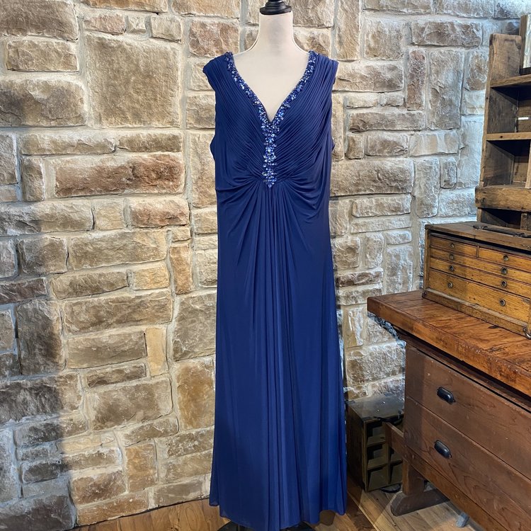 Joanna Chen Blue Ruched and Beaded Gown, Size 22