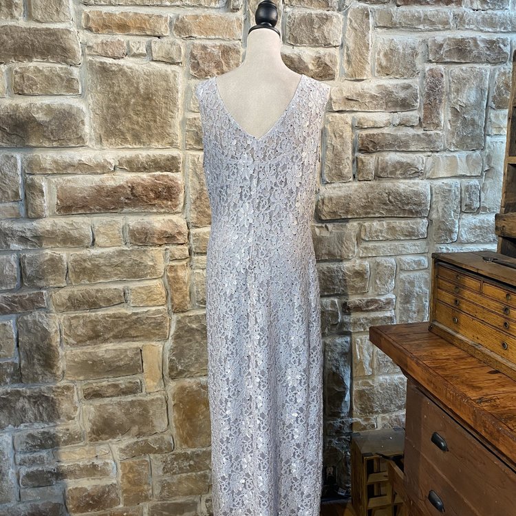 Adrianna Papell Silver Lace Sequined Gown, Size 16