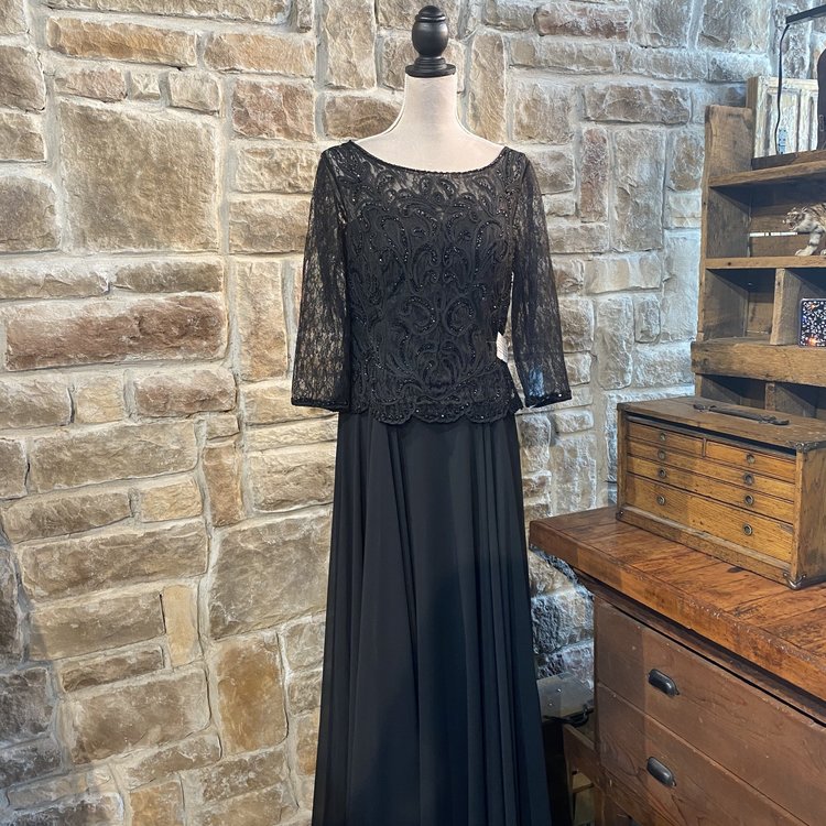 Meier Collection Black Embroidered Gown with Chiffon Skirt, Size XL