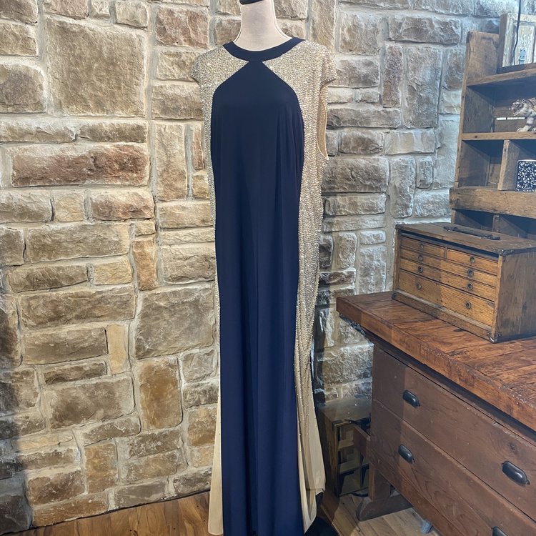 Xscape Navy and Nude Gown with Silver Embellishments, Size 22W