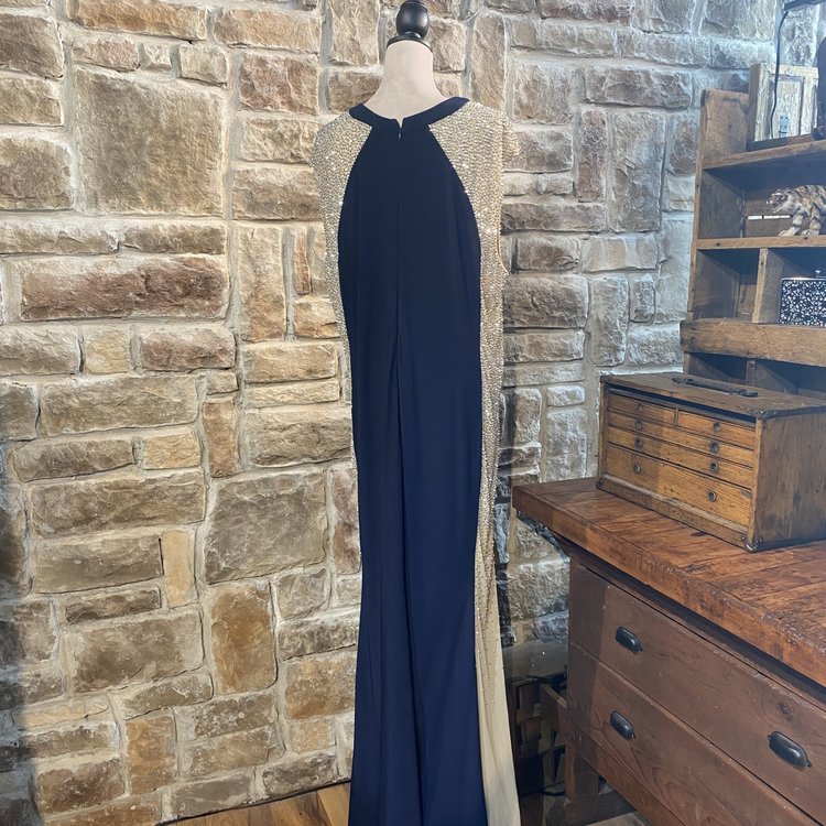 Xscape Navy and Nude Gown with Silver Embellishments, Size 22W