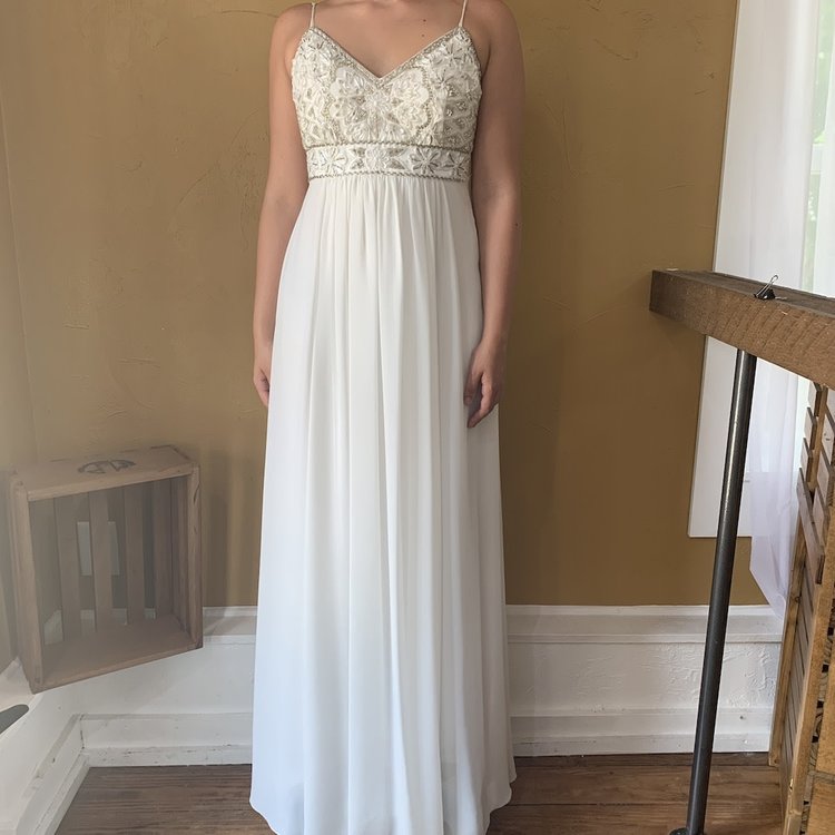 White Chiffon Embellished Gown, Size 8
