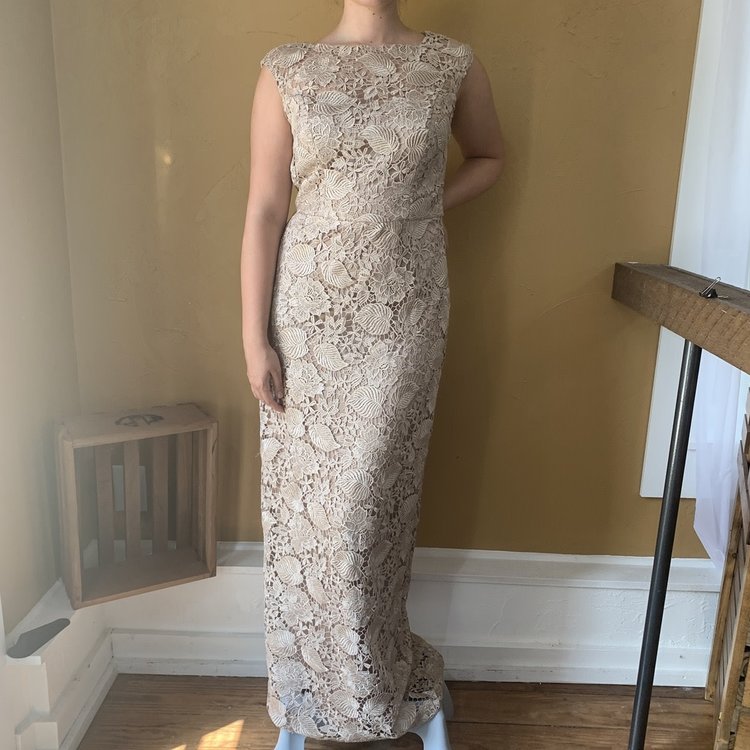 Sue Wong Taupe Lace Gown with Back Slit, Size 8