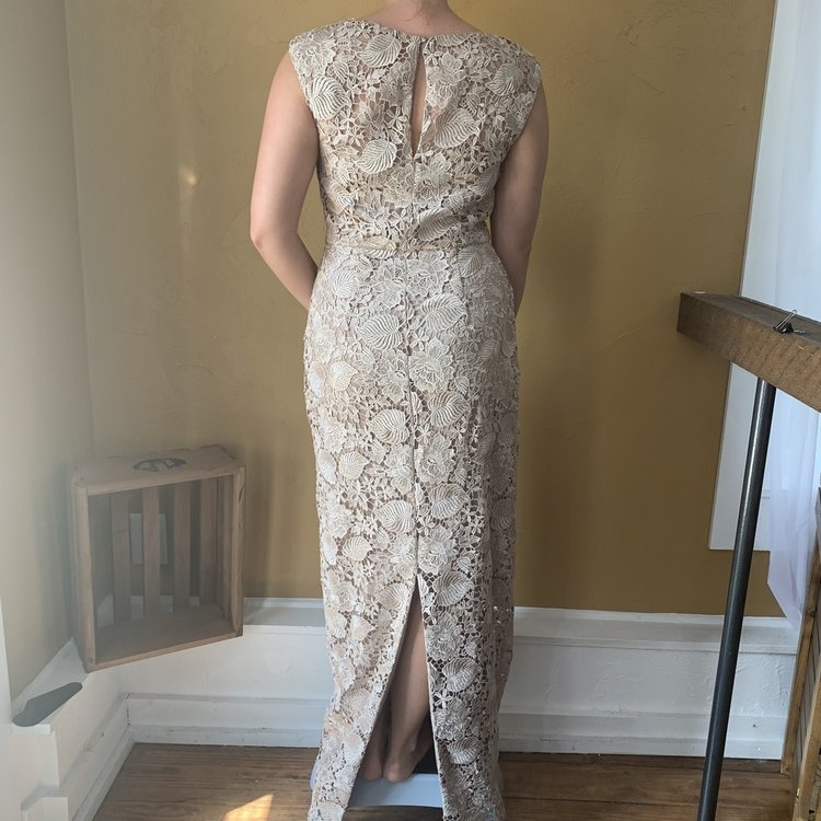 Sue Wong Taupe Lace Gown with Back Slit, Size 8