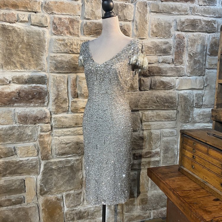 Theia Silver Sequin and Beaded Gown, Size 6