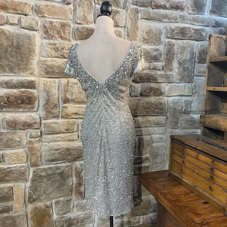 Theia Silver Sequin and Beaded Gown, Size 6