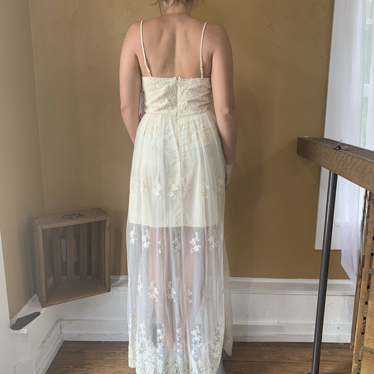 Aqua Ivory Lace Illusion Maxi Dress, Size M
