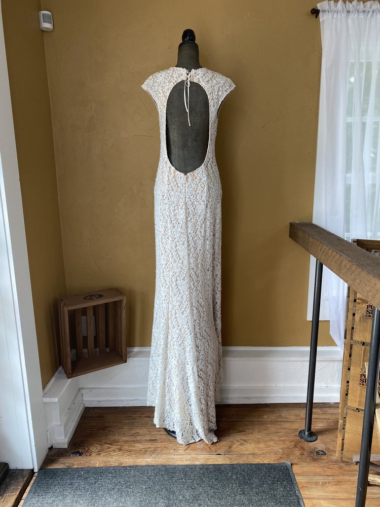 Jovani White Lace Full Length Sparkle Gown with Open Back, Size 12