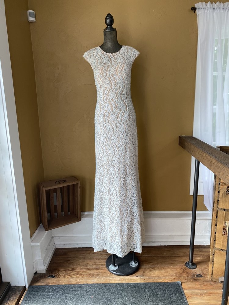 Jovani White Lace Full Length Sparkle Gown with Open Back, Size 12