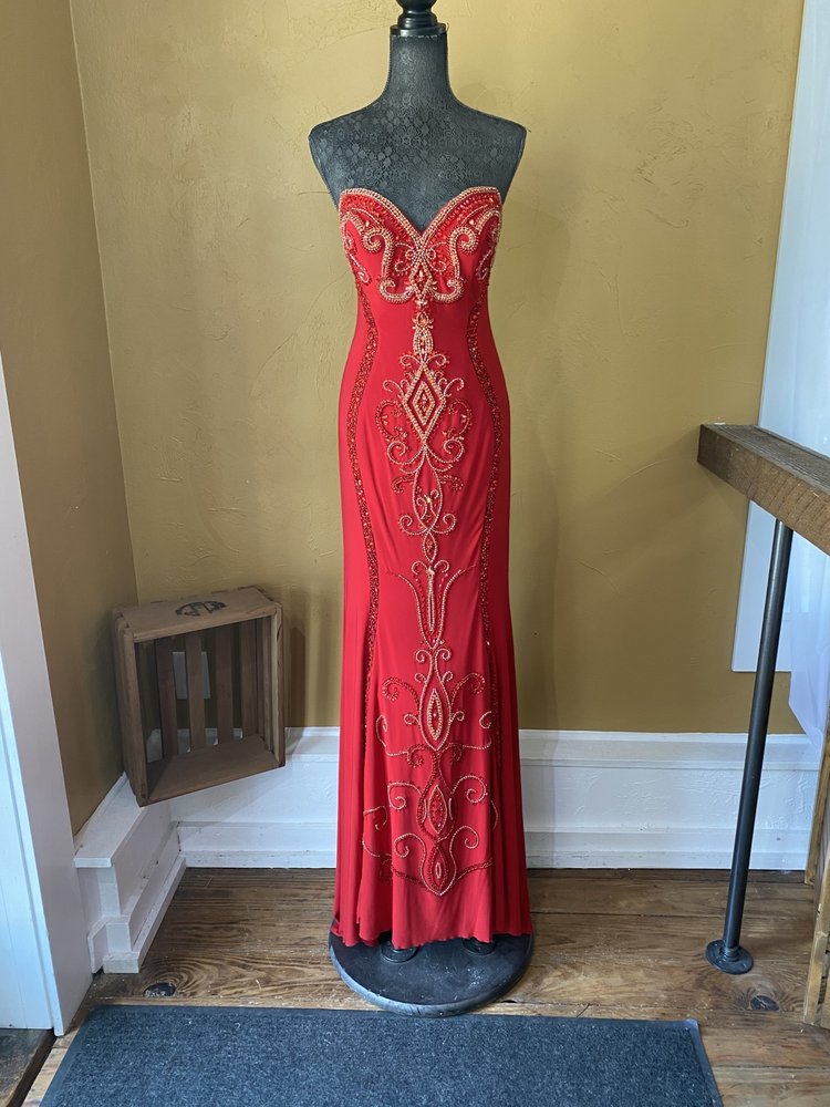 Jovani Red Strapless Beaded Gown, Size L