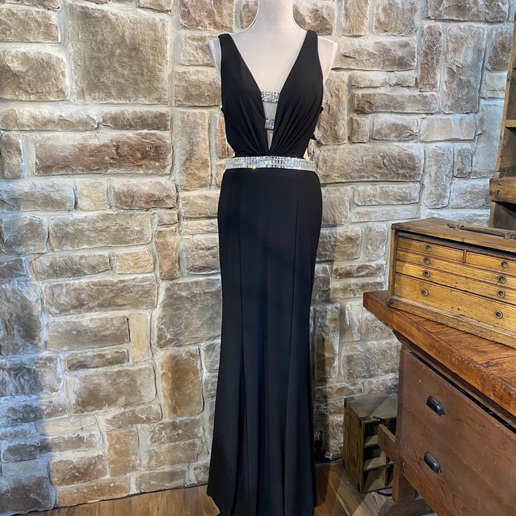 Jovani Black Embellished Deep V Gown, Size 10