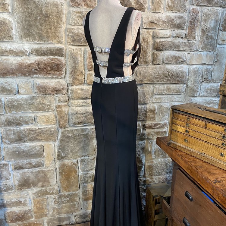 Jovani Black Embellished Deep V Gown, Size 10