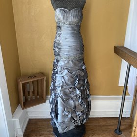 Royal Queen Silver Strapless Taffeta Gown with Cover Up, Size 8