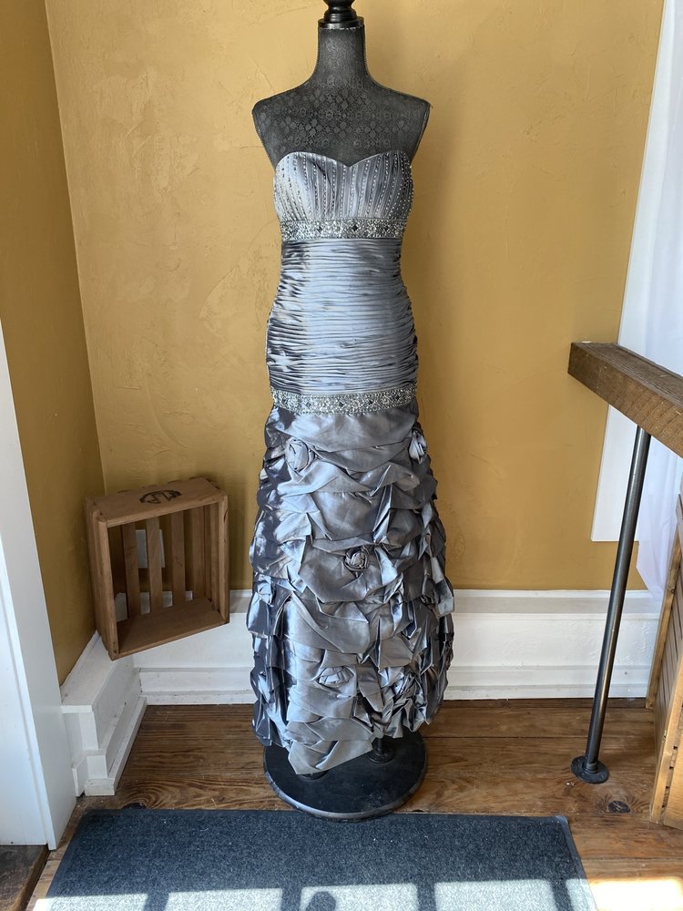 Royal Queen Silver Strapless Taffeta Gown with Cover Up, Size 8