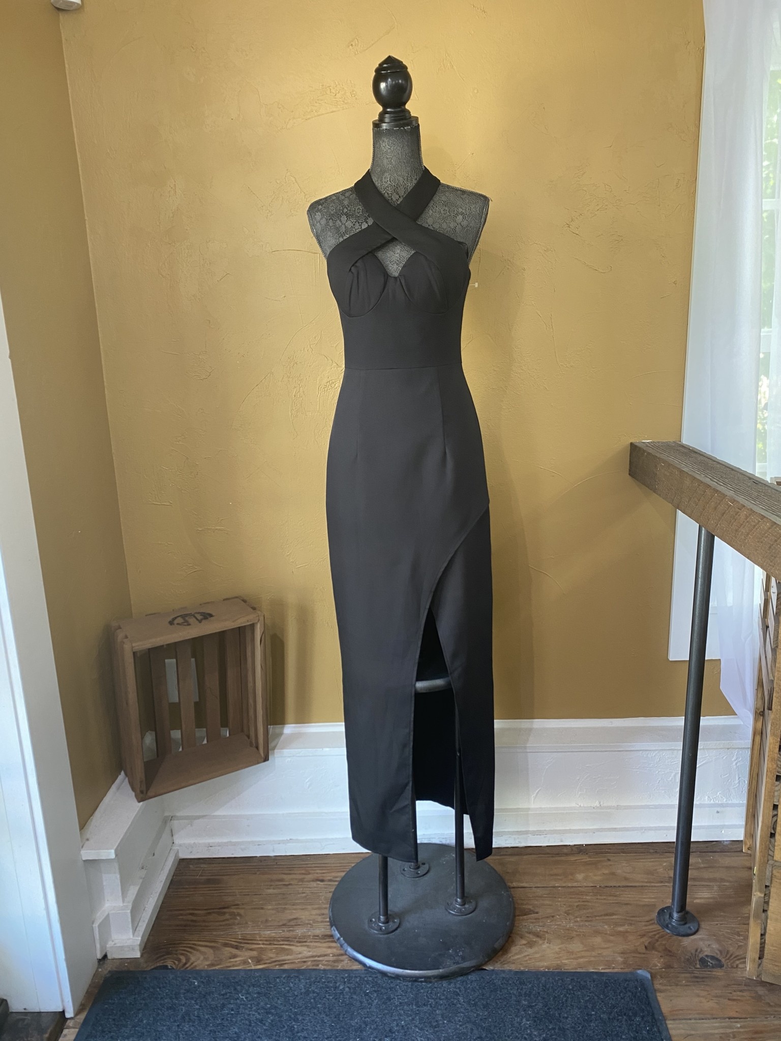 Black Crossover Halter Gown, Size L - Elements Unleashed