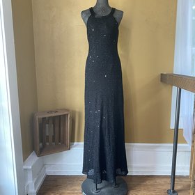 Adrianna Papell Black Beaded Gown with Illusion Back, Size 14