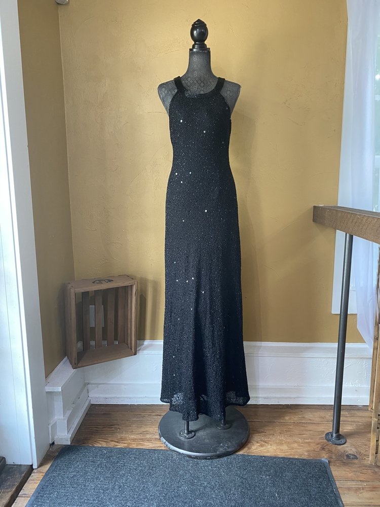 Adrianna Papell Black Beaded Gown with Illusion Back, Size 14