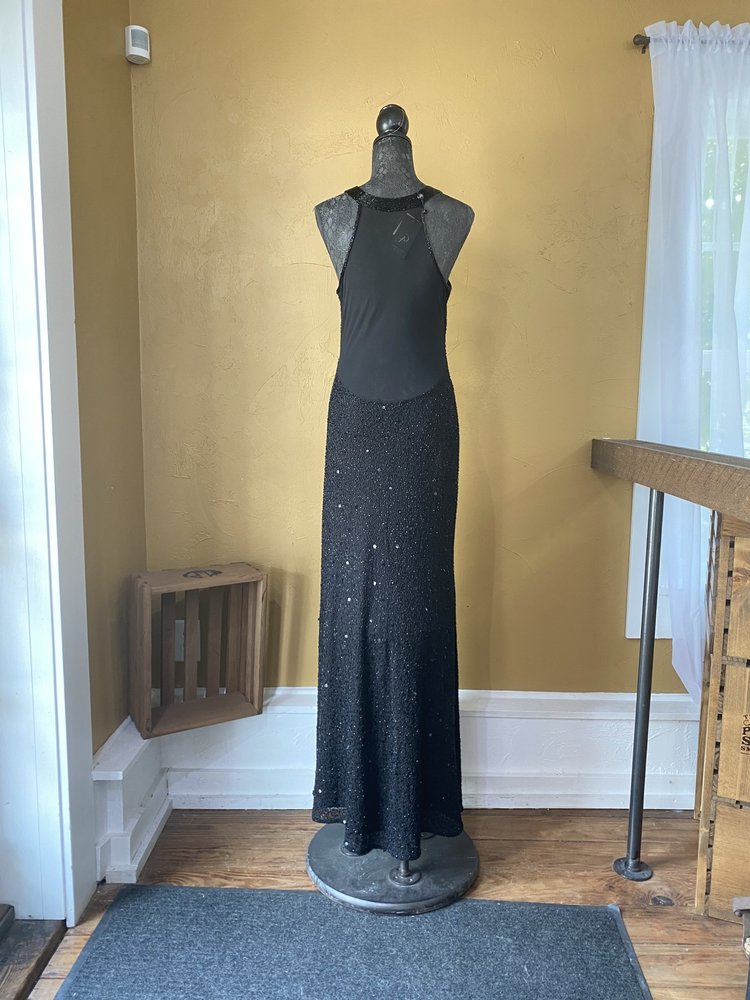 Adrianna Papell Black Beaded Gown with Illusion Back, Size 14